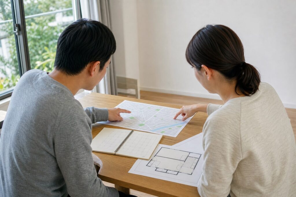 所沢で子育て世帯の生活動線と賃貸物件を地図で確認する様子