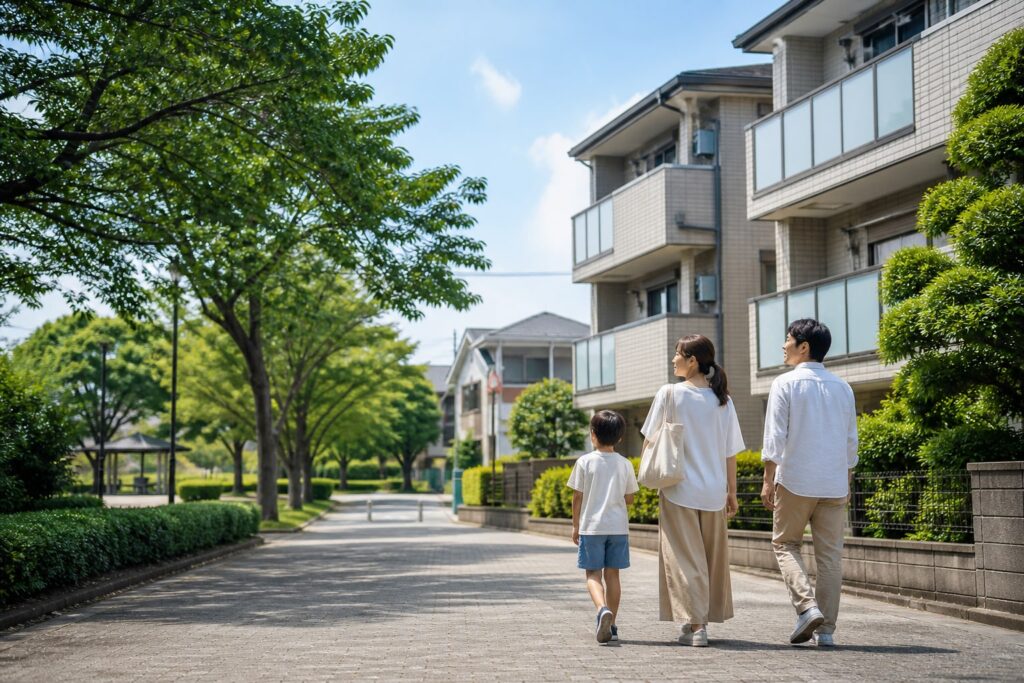 所沢の賃貸住宅と公園の近くを歩く子育て世帯