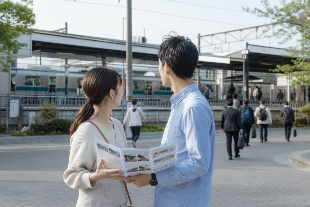 所沢エリアの駅前で賃貸物件を比較する二人