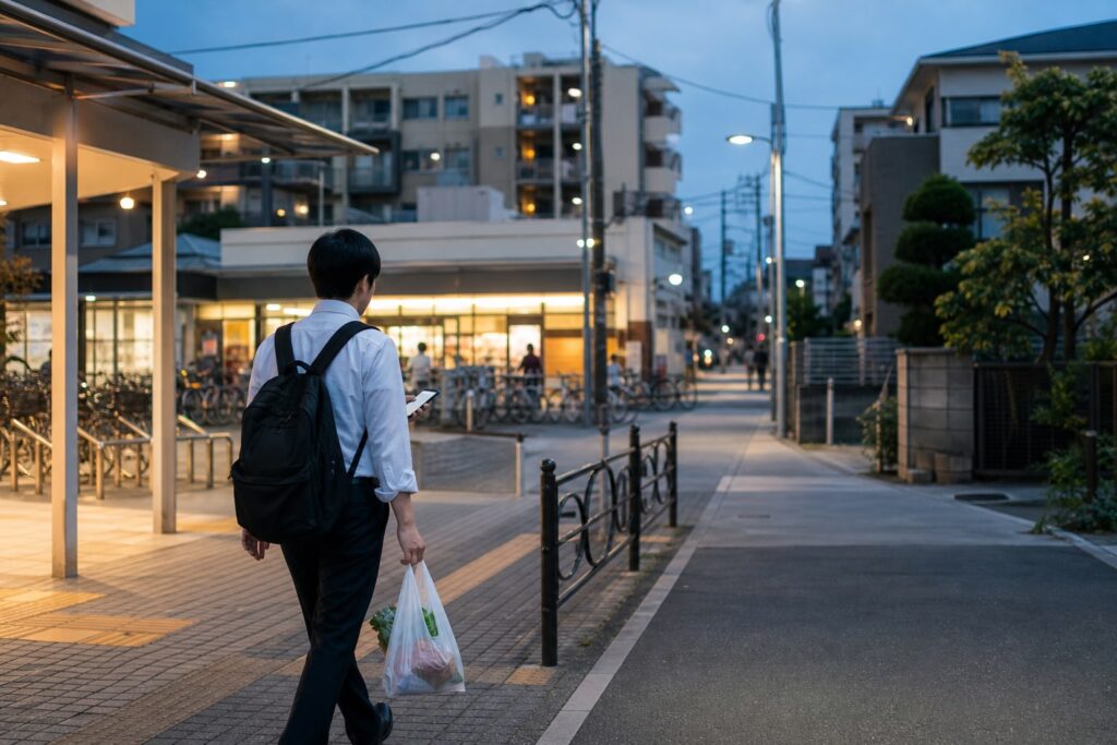 駅から買い物をして住宅街へ帰る通勤者