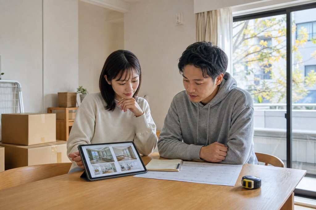 秋の転勤に向けて所沢の賃貸物件と予定を確認する二人