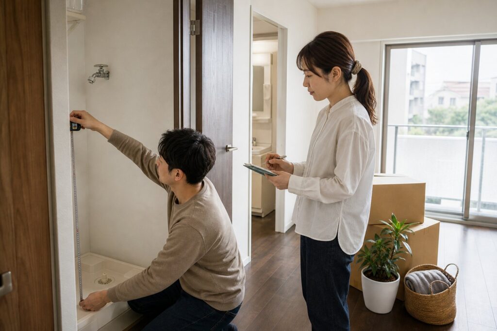 所沢の賃貸内見で洗濯機置き場を採寸する二人