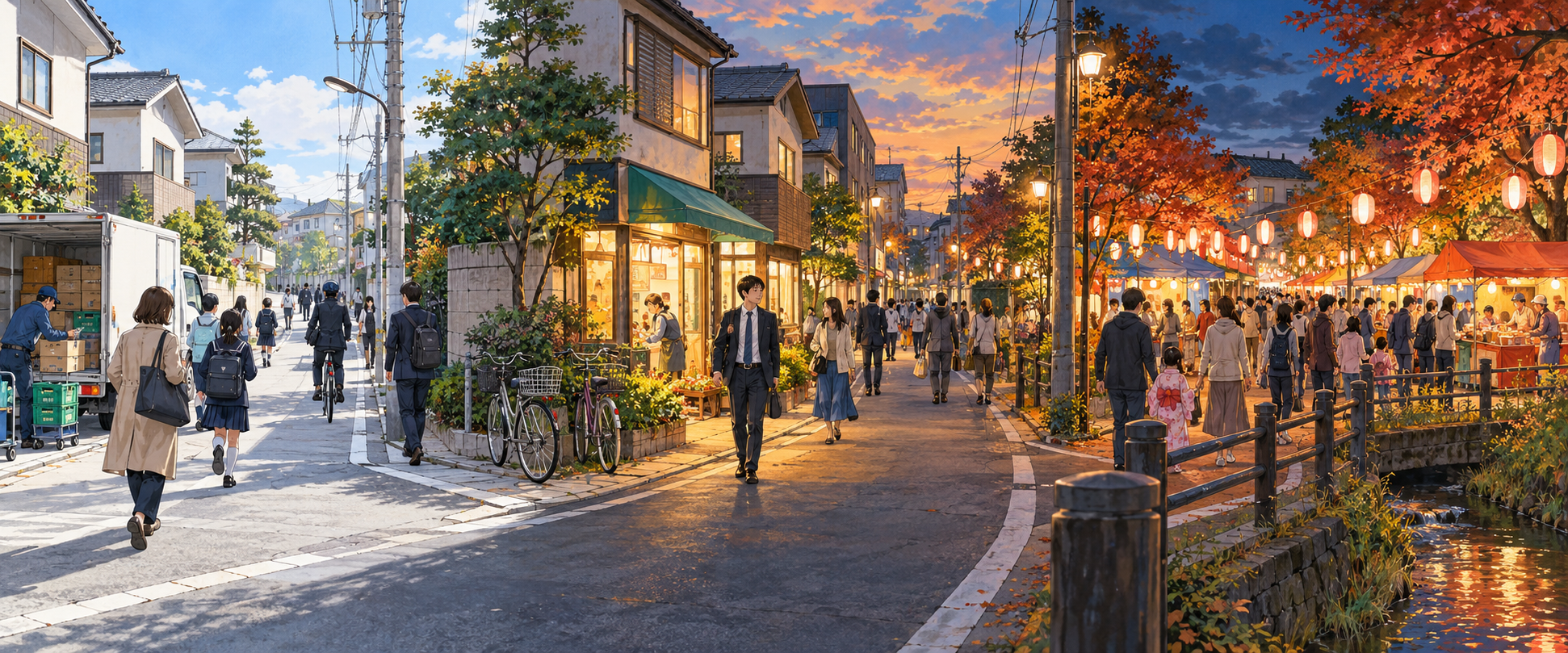 同じ街の朝と夕方とイベント日の雰囲気の違い