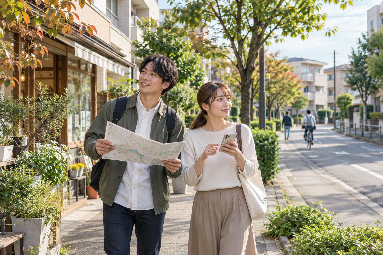 賃貸のお部屋さがしで街を歩いて確かめる二人