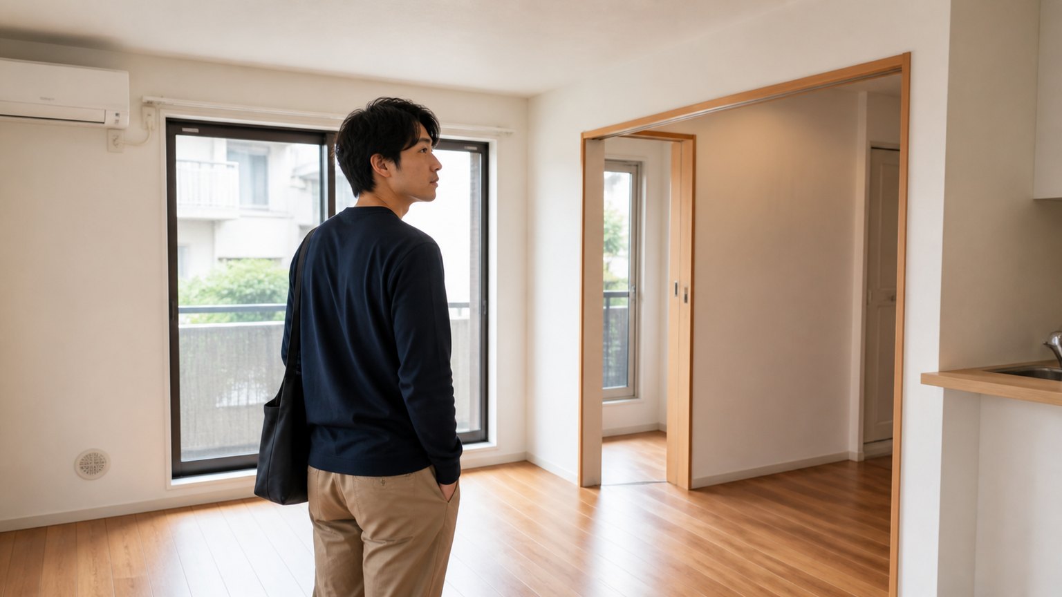 木造アパートの室内を内見する入居希望者
