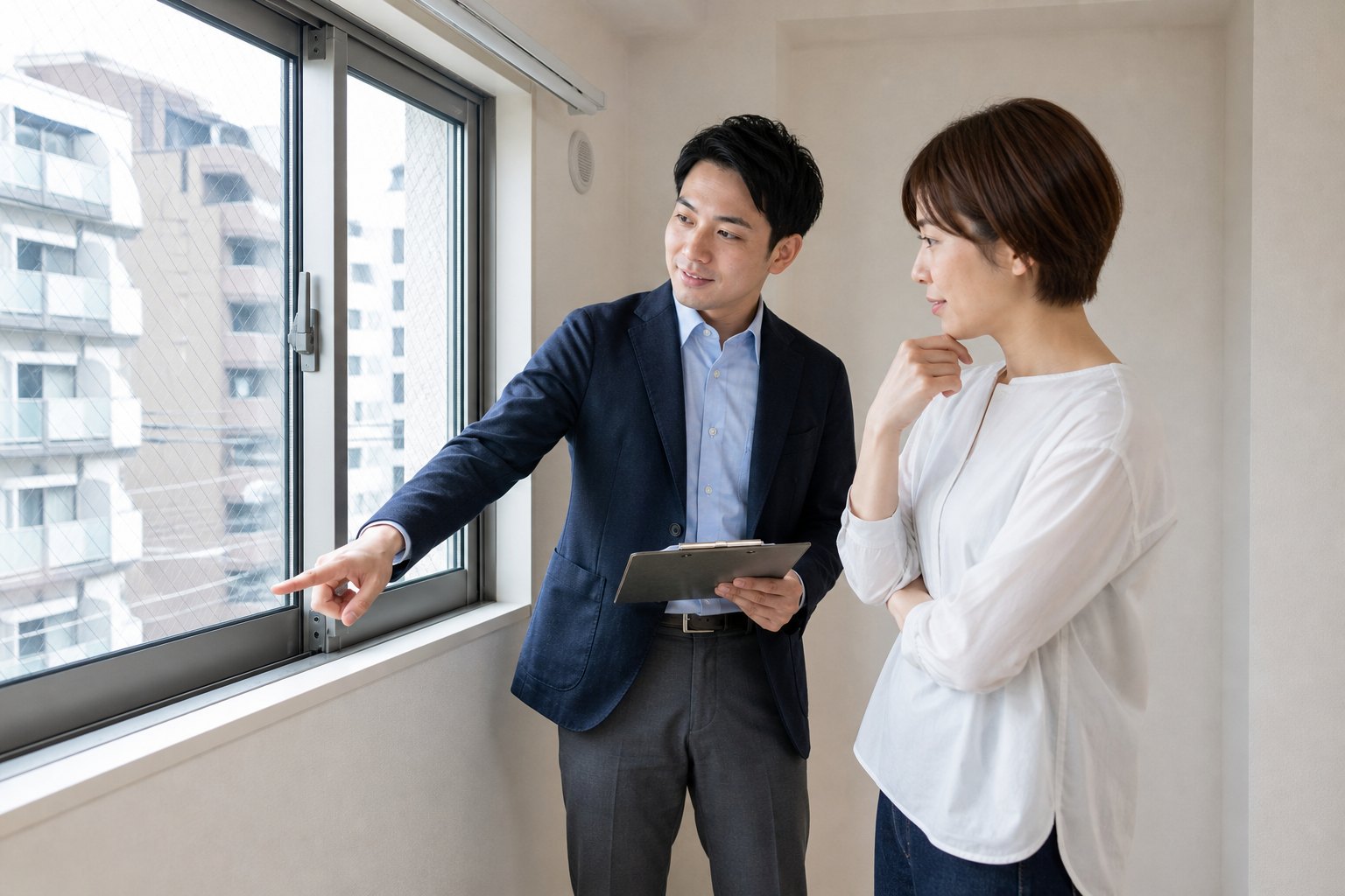 賃貸の内見で窓まわりを確認する入居希望者とスタッフ